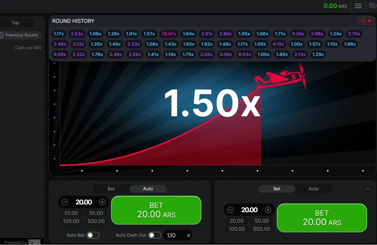 Aviator game demo screen with the round history strip and a 1.50x multiplier